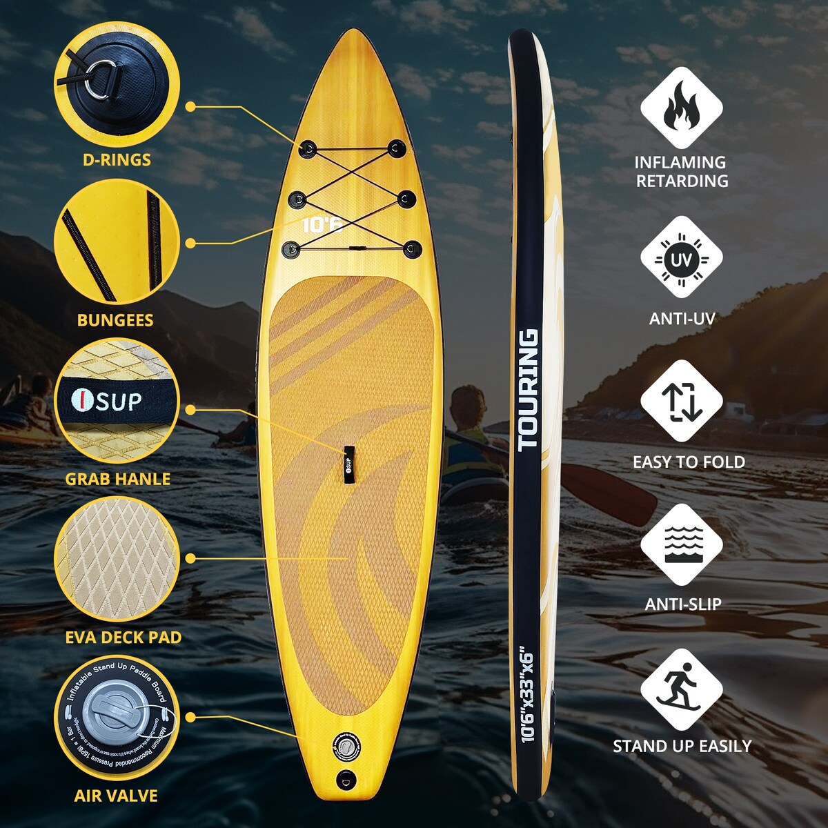 Wide Stable Inflatable Stand Up Paddle Board - Yellow