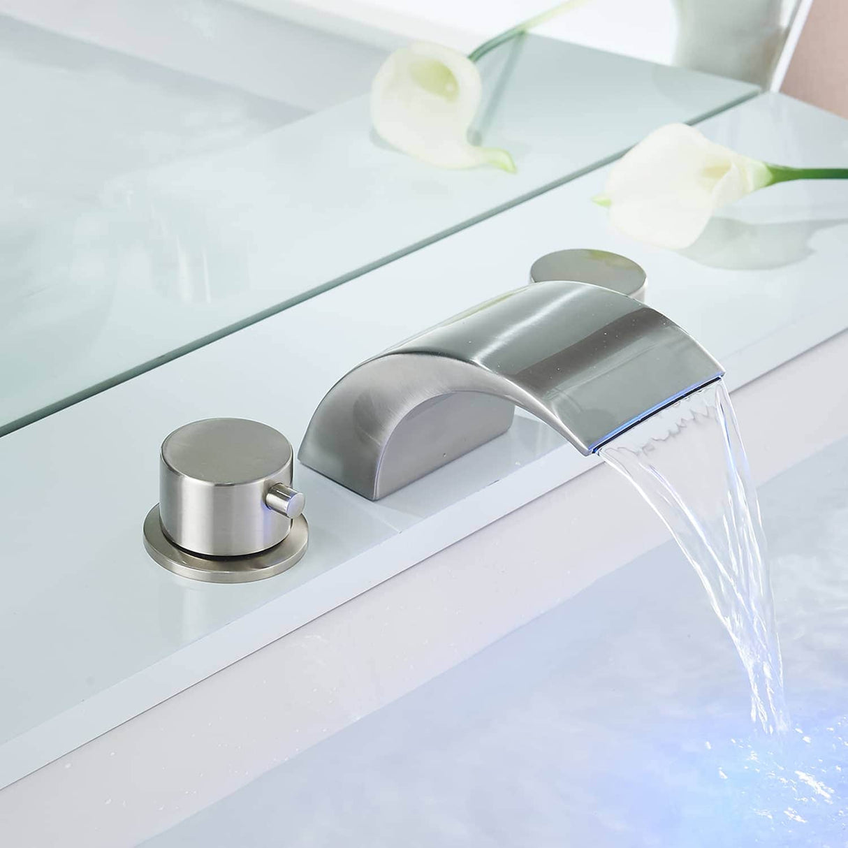 Widespread Bathroom Sink Faucet Waterfall Double Handle Bathroom Faucets 3 Hole 8 Inch Basin Vanity Mixer Taps With Valve