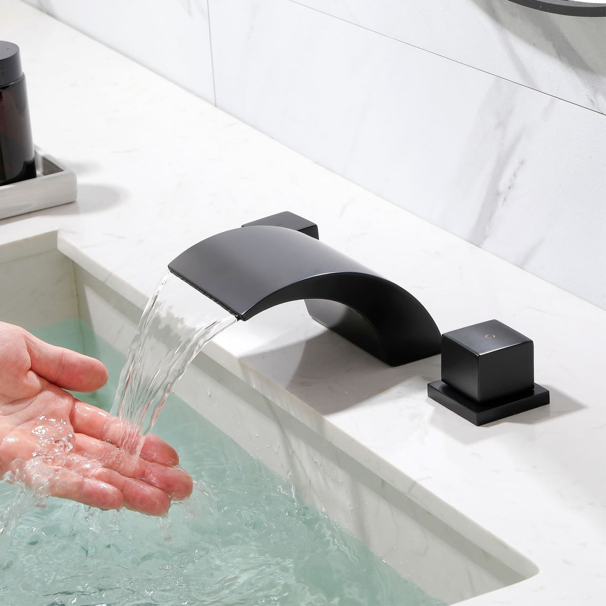 Widespread Bathroom Sink Faucet With Valve 8 Inch Waterfall Bathroom Faucets 3 Holes Modern Double Handle Basin Vanity Mixer Tap