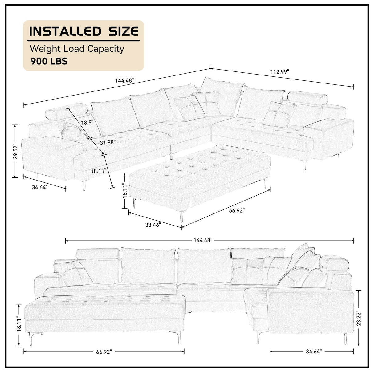 L Shaped Large Upholstered Fabric Couch Sectional Sleeper Sofa with Ottoman