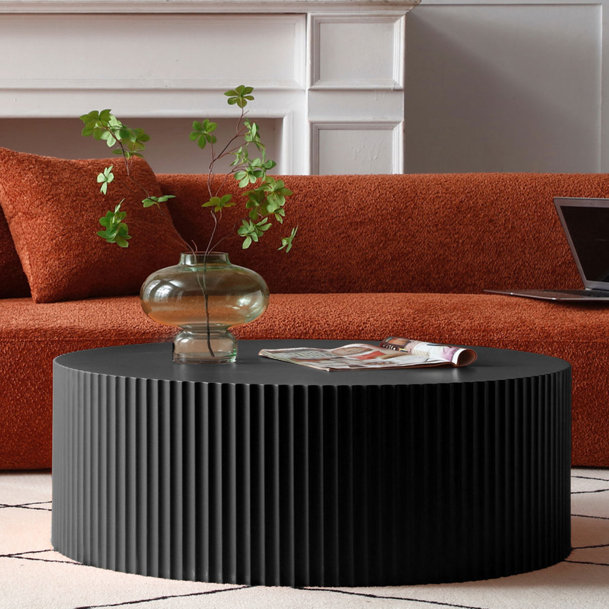 Modern Glam 36 inches Handcraft Relief Side End Round Coffee Table for Living Room