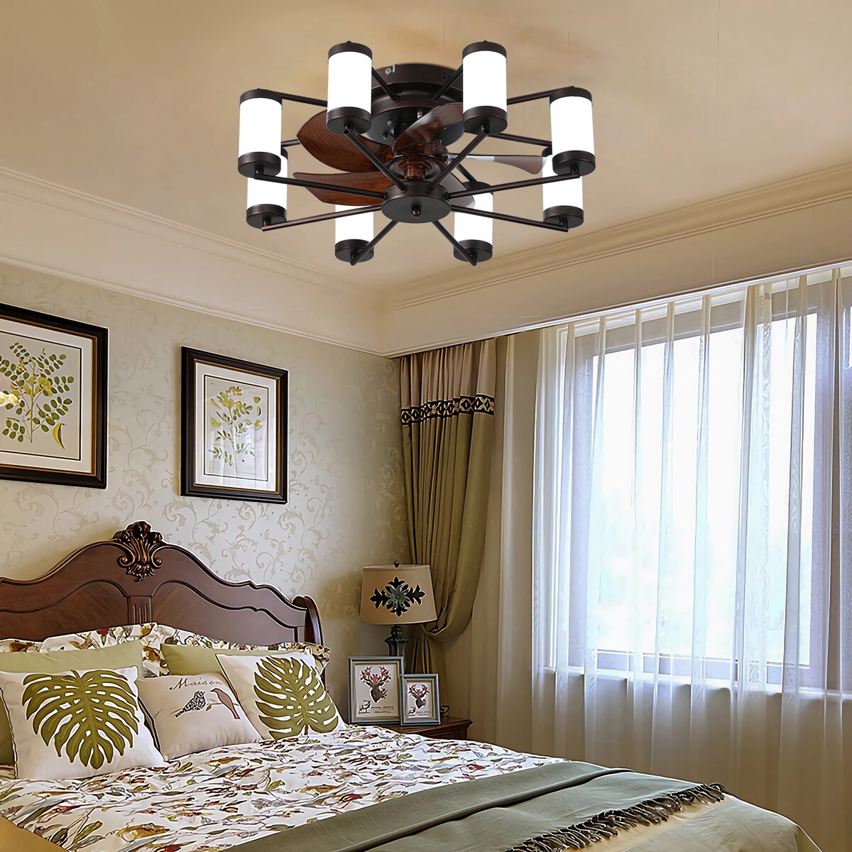 Windmill-shaped Ceiling Fan with Remote & Dimmable Light, Coffee
