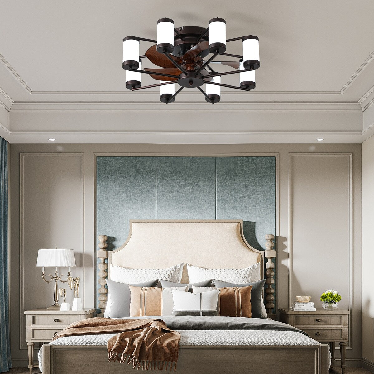 Windmill-shaped Ceiling Fan with Remote & Dimmable Light, Coffee