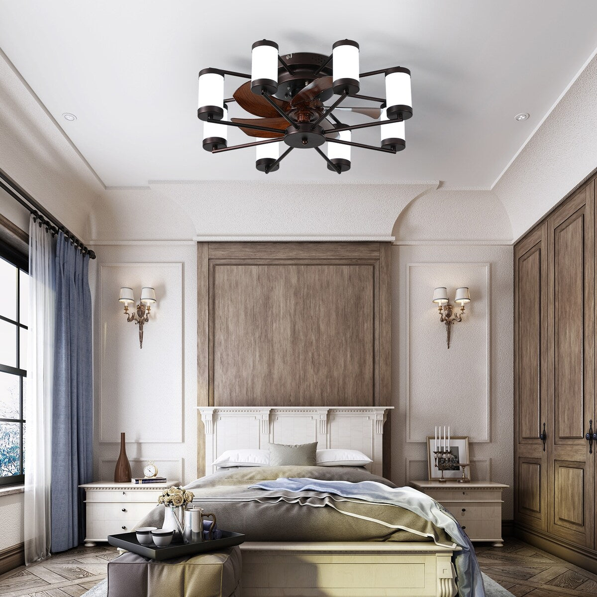 Windmill-shaped Ceiling Fan with Remote & Dimmable Light, Coffee