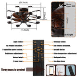 Windmill-shaped Ceiling Fan with Remote & Dimmable Light, Coffee
