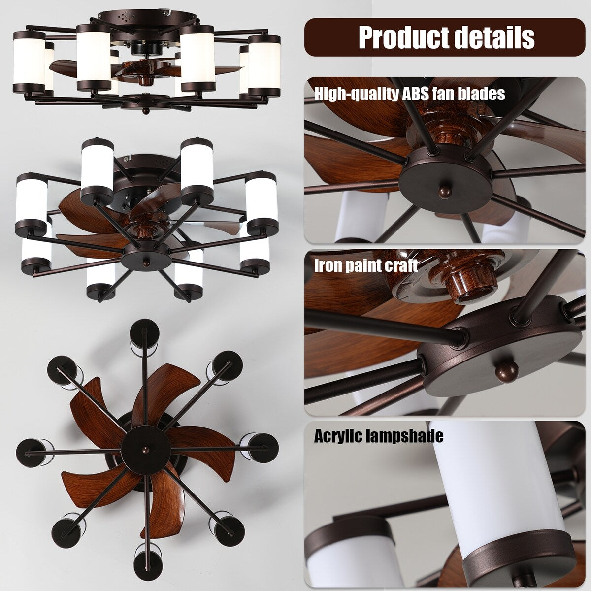 Windmill-shaped Ceiling Fan with Remote & Dimmable Light, Coffee