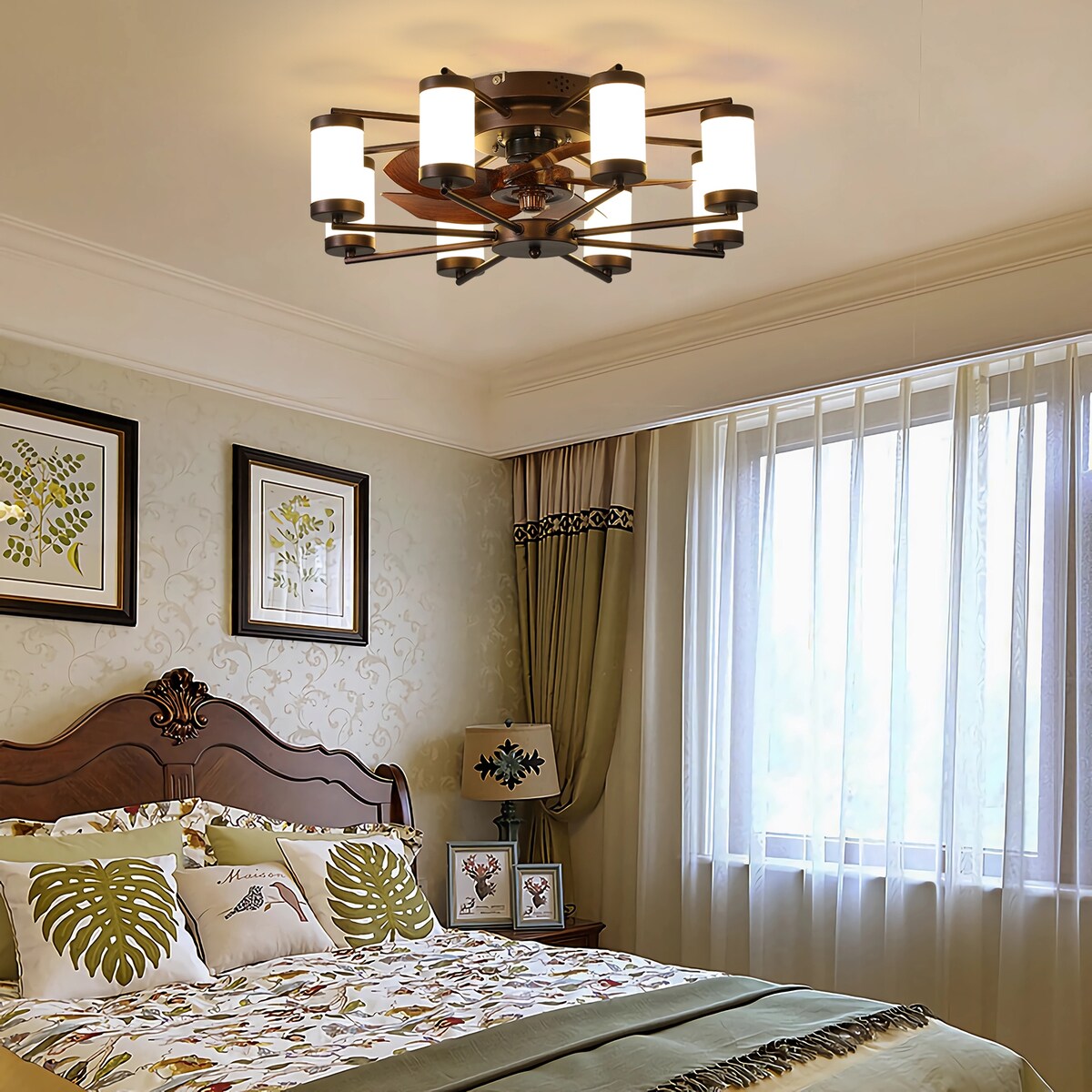 Windmill-shaped Ceiling Fan with Remote & Dimmable Light, Coffee
