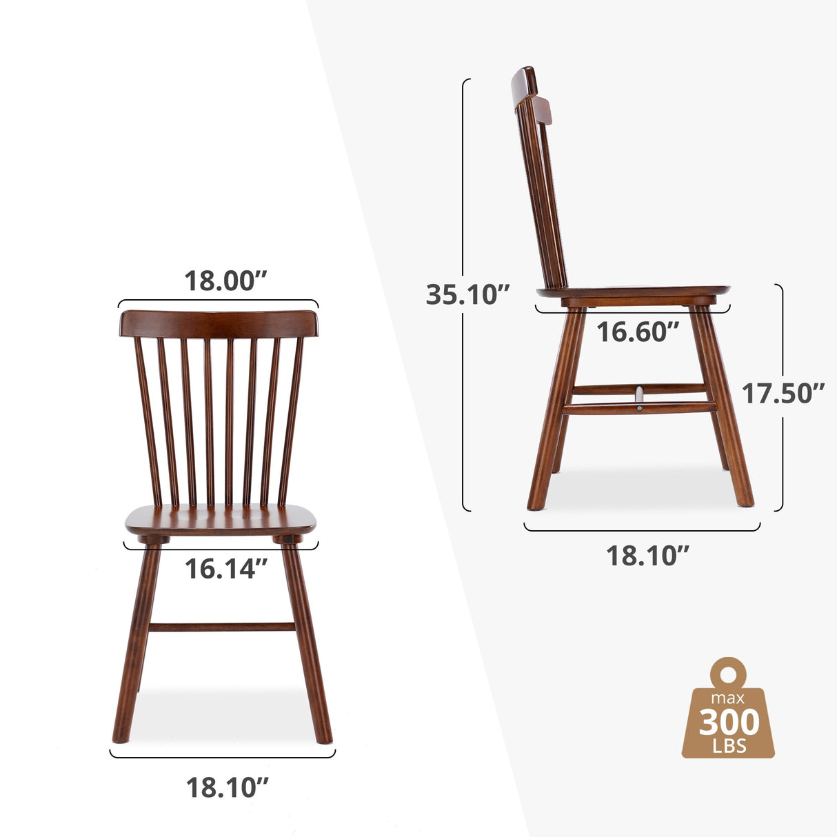 LUE BONA Windsor Solid Wood Dining Chairs For Kitchen And Dining Room Set of 4 - 18.1"D x 18.1"W x 35.1"H