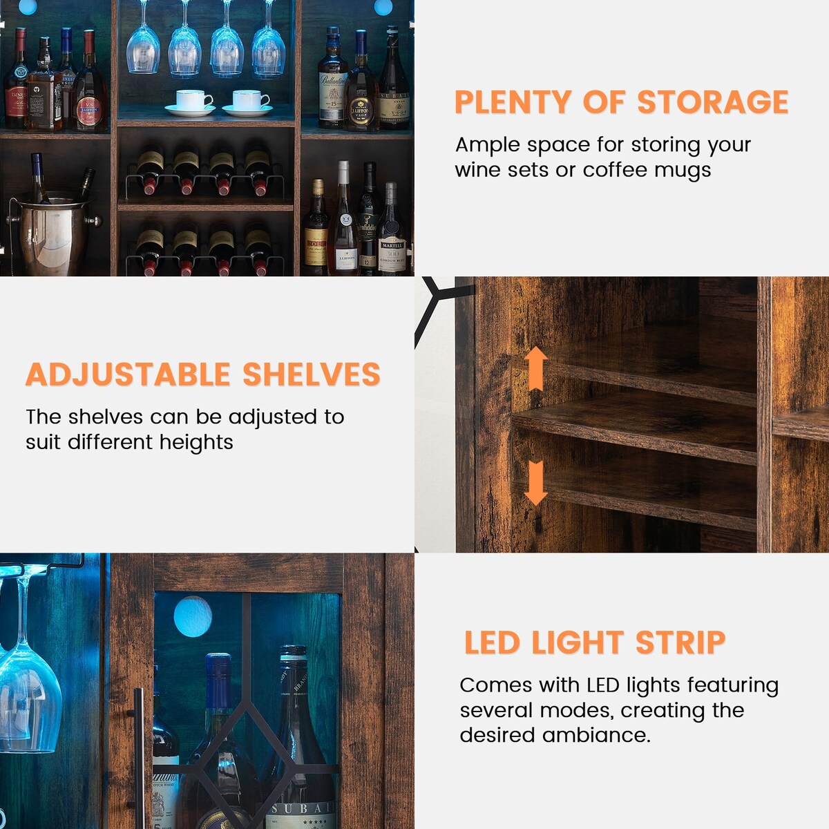 Wine Bar Cabinet with LED Light - 15.7"D x 47.2"W x 34.61"H