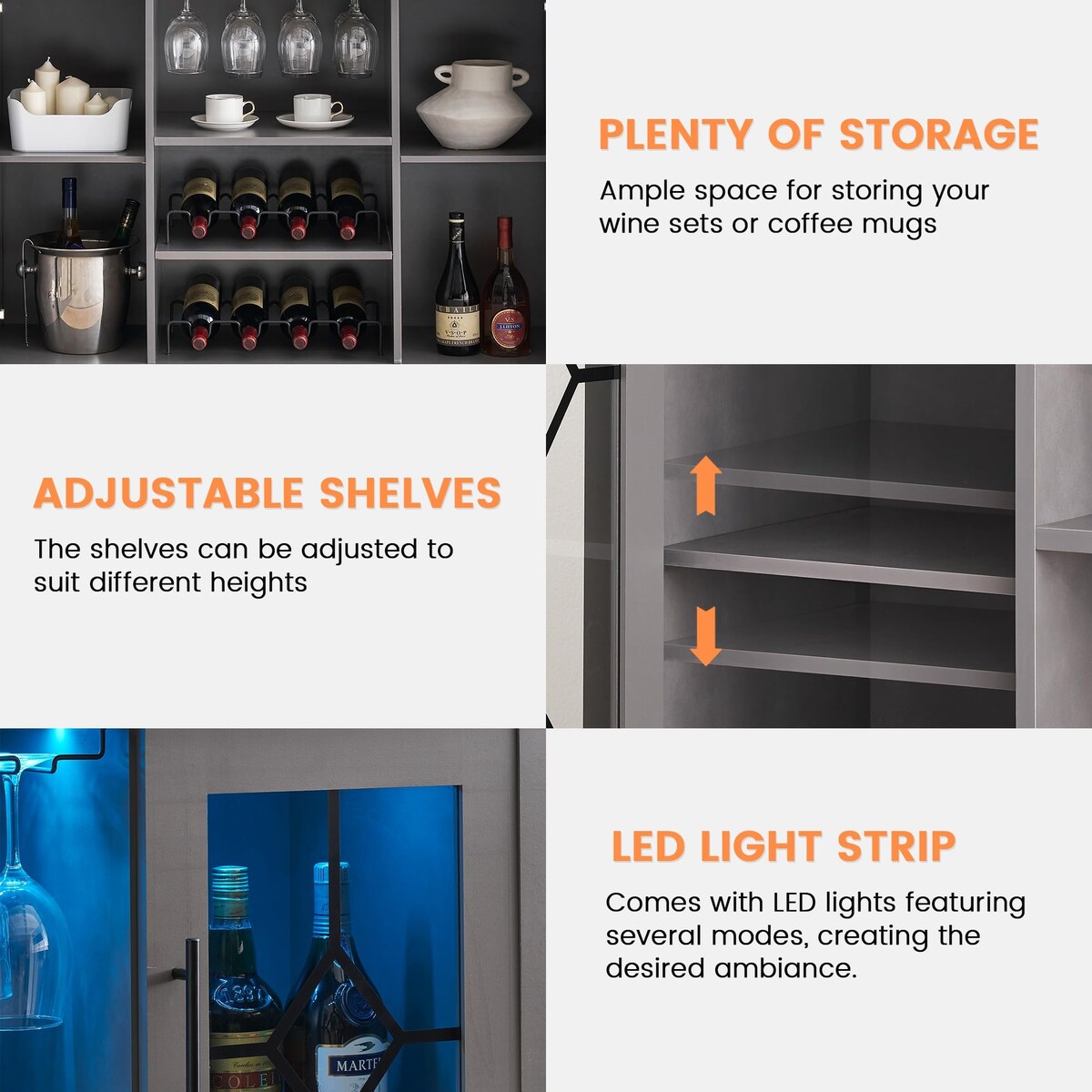 Wine Bar Cabinet with LED Light - 15.7"D x 47.2"W x 34.61"H