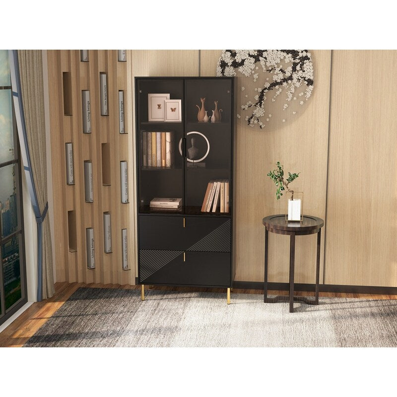 Wine Cabinet with Drawers and Doors, Black Gold High Wine Rack