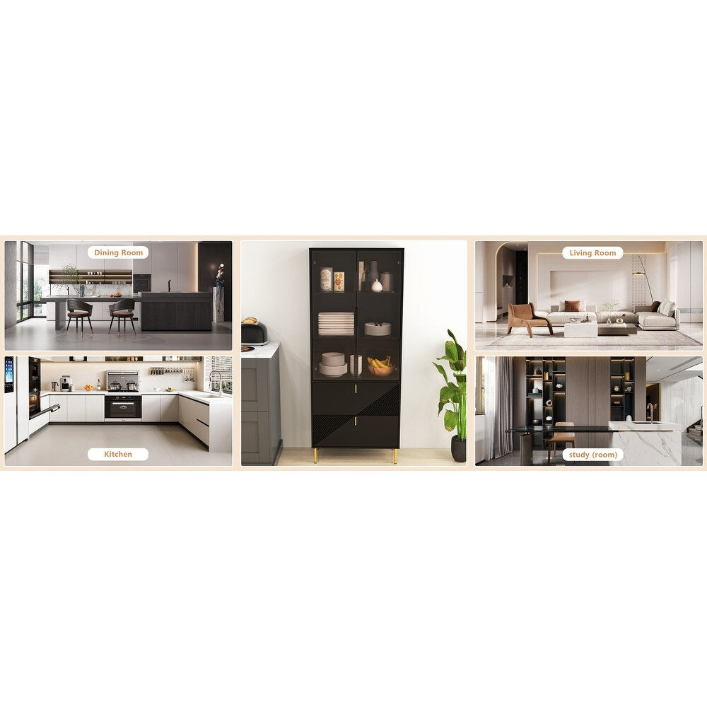 Wine Cabinet with Drawers and Doors, Black Gold High Wine Rack
