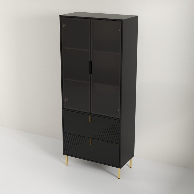 Wine Cabinet with Drawers and Doors, Black Gold High Wine Rack