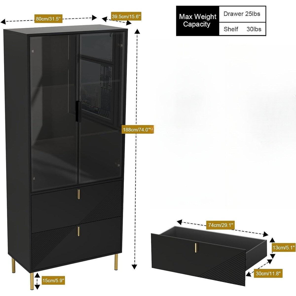 Wine Cabinet with Drawers and Doors, Black Gold High Wine Rack