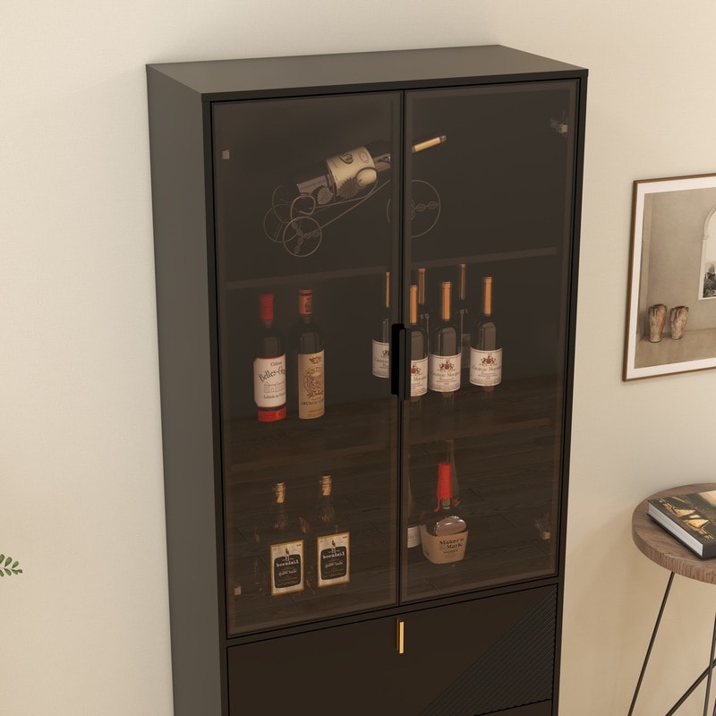 Wine Cabinet with Drawers and Doors, Black Gold High Wine Rack