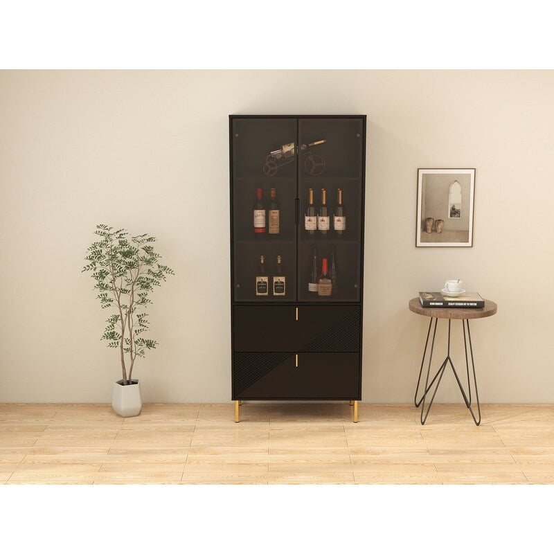 Wine Cabinet with Drawers and Doors, Black Gold High Wine Rack