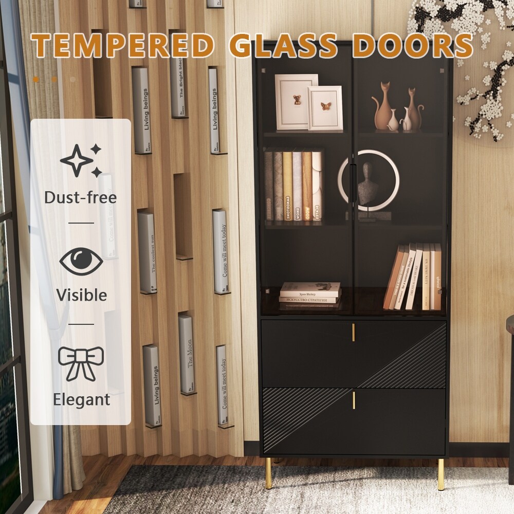 Wine Cabinet with Drawers and Doors, Black Gold High Wine Rack