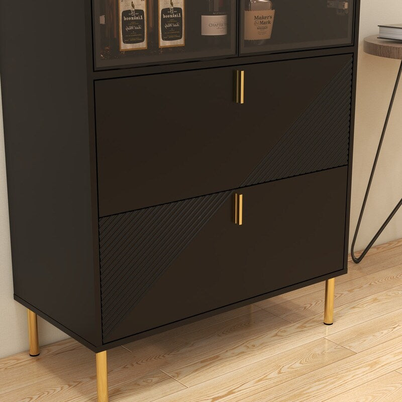 Wine Cabinet with Drawers and Doors, Black Gold High Wine Rack