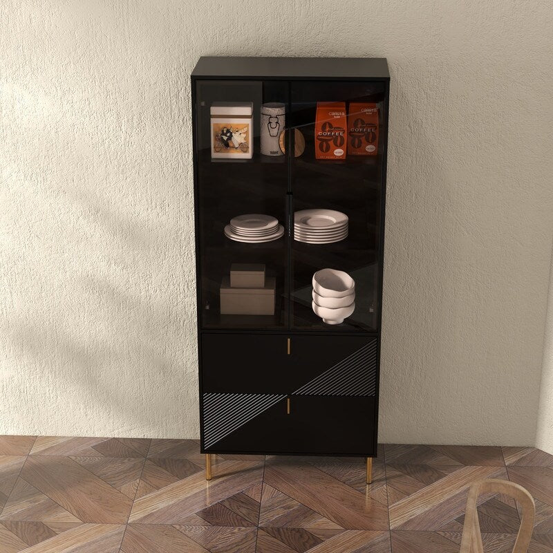 Wine Cabinet with Drawers and Doors, Black Gold High Wine Rack
