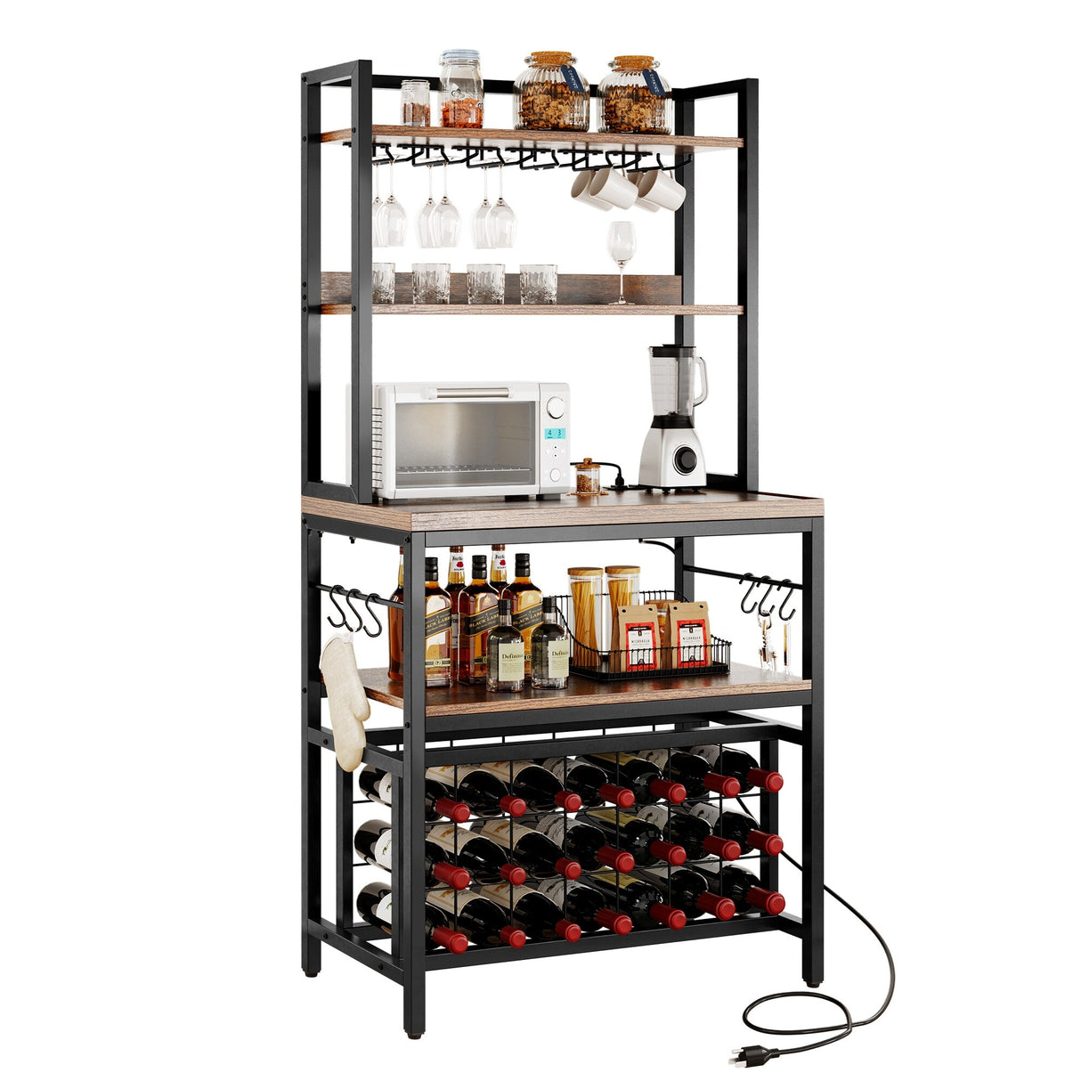 Wine Rack Table 21 Bottle Bakers & Glass Racks with Power Outlet Freestanding Floor Liquor Cabinet
