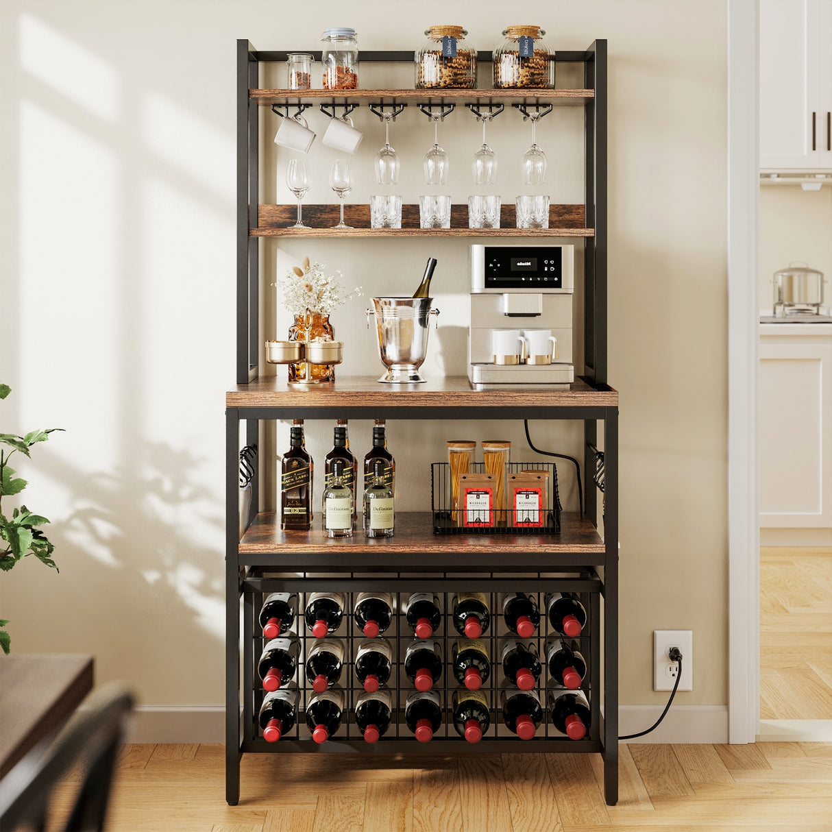 Wine Rack Table 21 Bottle Bakers & Glass Racks with Power Outlet Freestanding Floor Liquor Cabinet