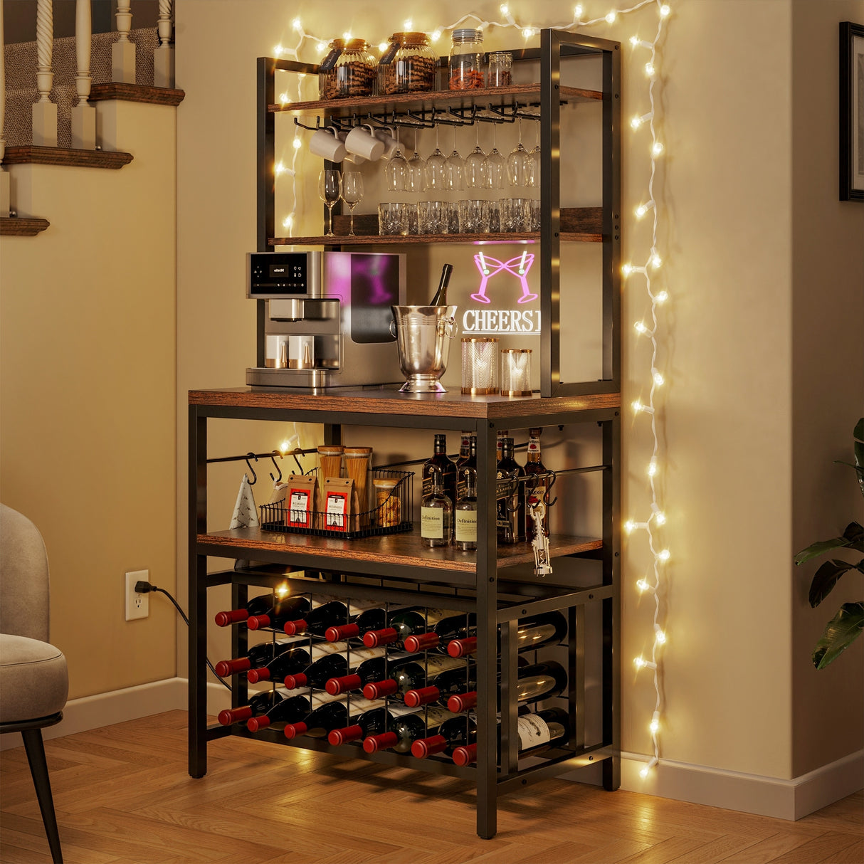 Wine Rack Table 21 Bottle Bakers & Glass Racks with Power Outlet Freestanding Floor Liquor Cabinet