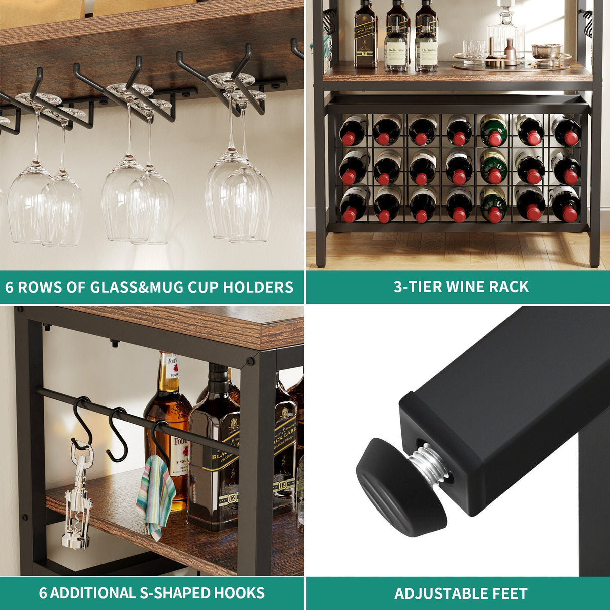 Wine Rack Table 21 Bottle Bakers & Glass Racks with Power Outlet Freestanding Floor Liquor Cabinet