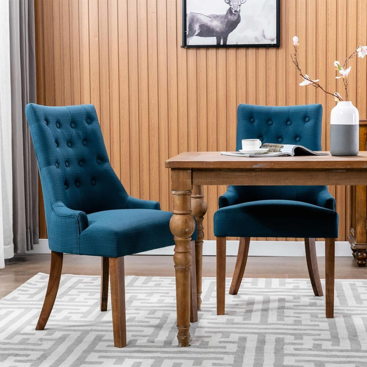 Wingback Upholstered Dining Chairs Set of 2, Fabric Side Dining Room Chairs with Tufted Button