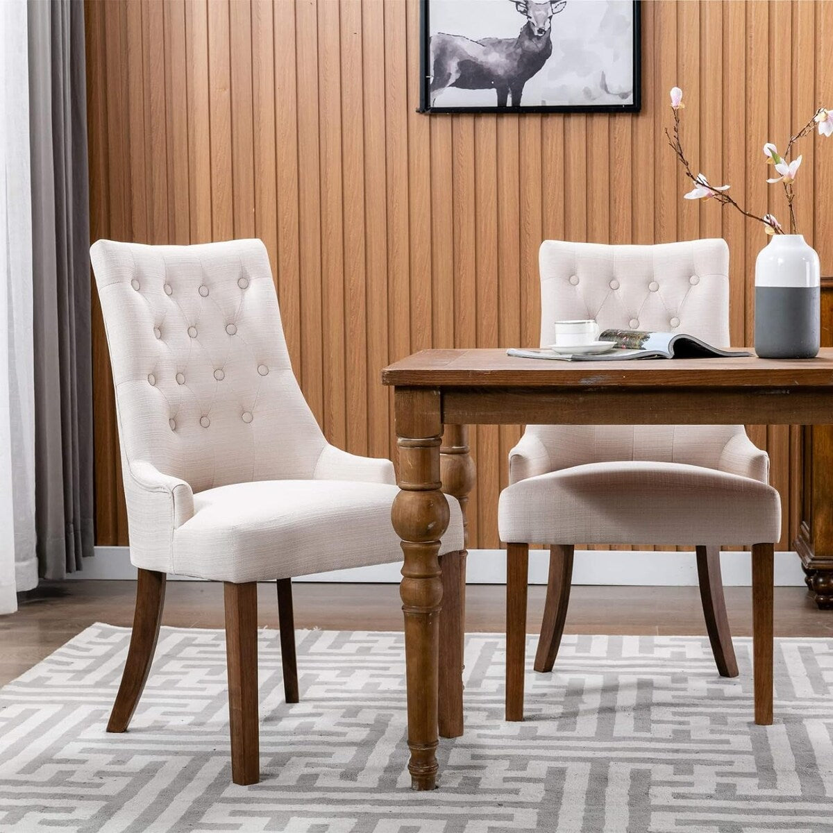 Wingback Upholstered Dining Chairs Set of 2, Fabric Side Dining Room Chairs with Tufted Button