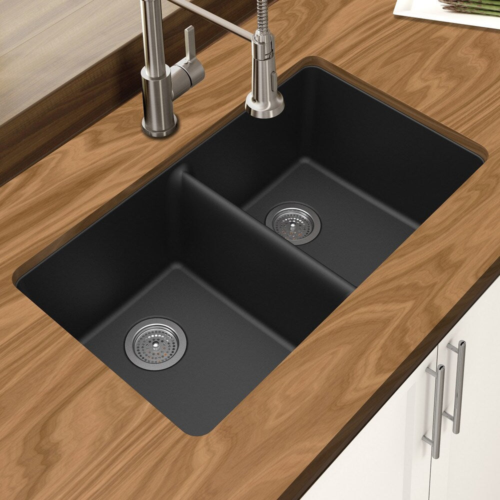 Winpro Black Granite Quartz 33 x 18-3/4" x 9-1/2 Equal Double Bowl Undermount Sink