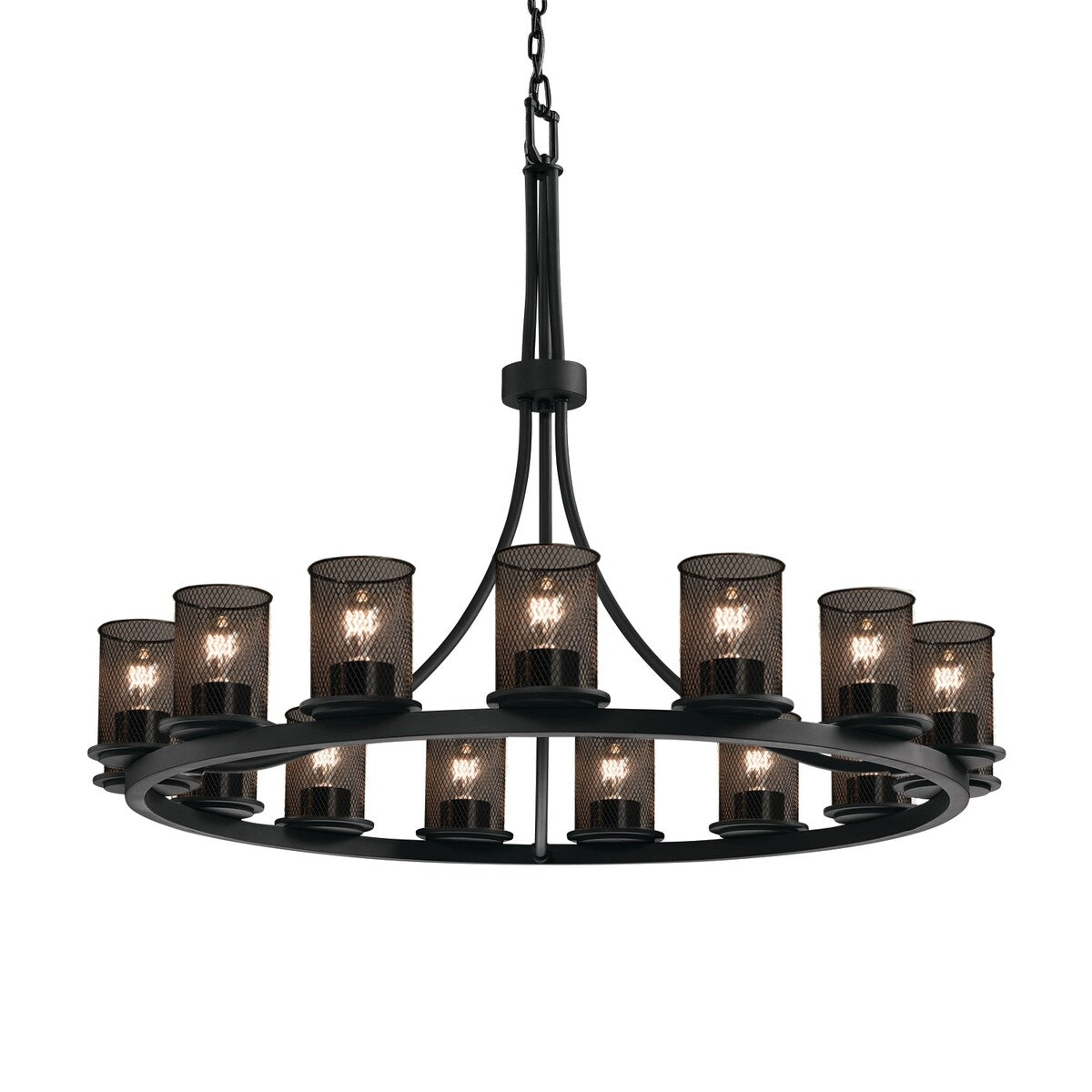 Wire Mesh Dakota 1 Tier Matte Black Ring Chandelier, Wire Mesh Cylinder w/ Flat Rim Shade