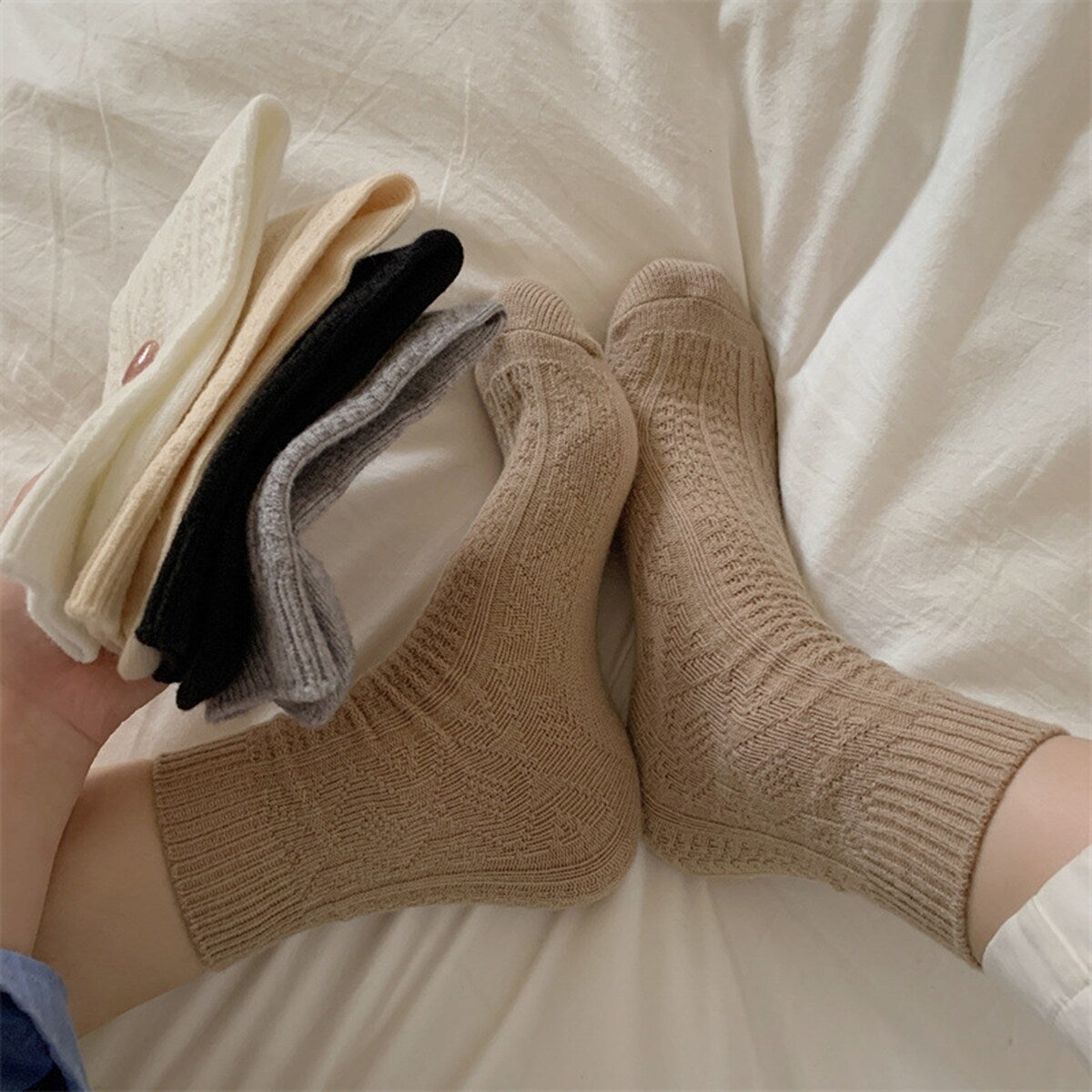 Women Fall Winter Socks MidTube Ankle Thick Knitted High Elasticity Solid Color Soft Warm AntiSlip No Sports Daily