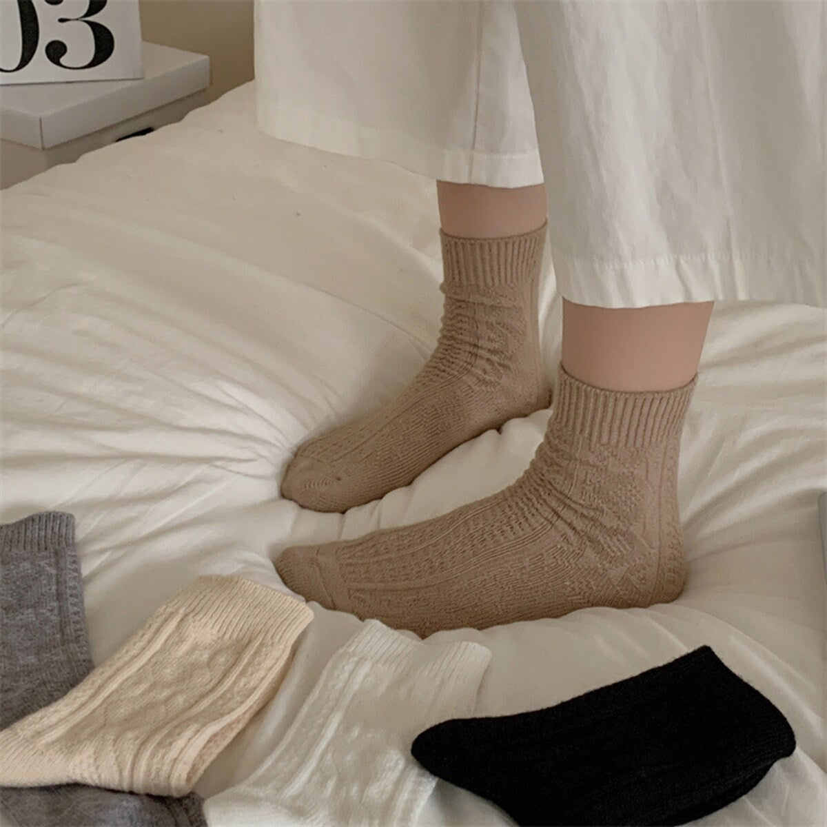 Women Fall Winter Socks MidTube Ankle Thick Knitted High Elasticity Solid Color Soft Warm AntiSlip No Sports Daily