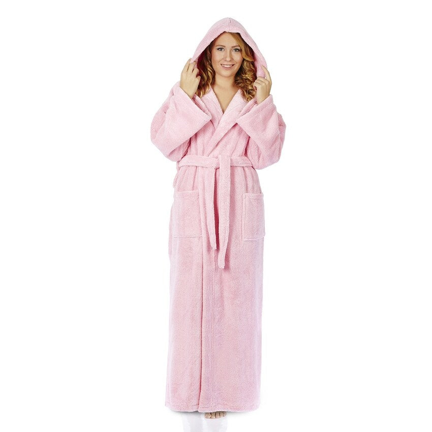 Women's Hooded Premium Fleece Full Length Bathrobe Soft Plush Robe