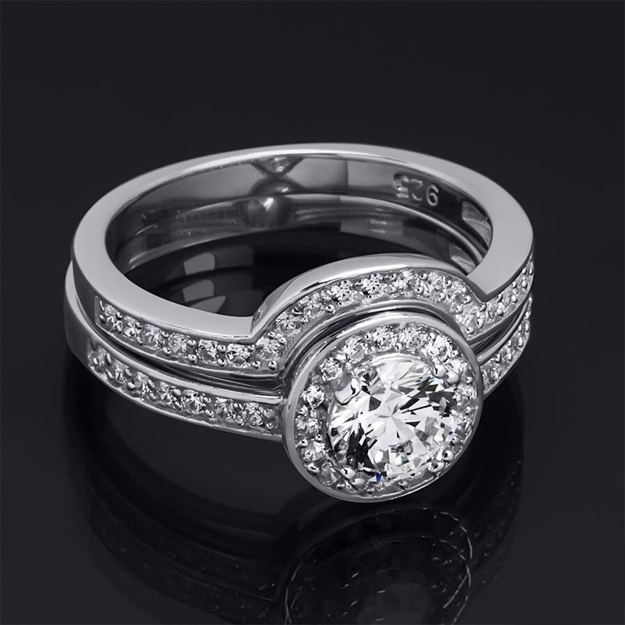 Womens 1.0 Ct Wedding Band Engagement Ring Set Round Cut Solid Silver