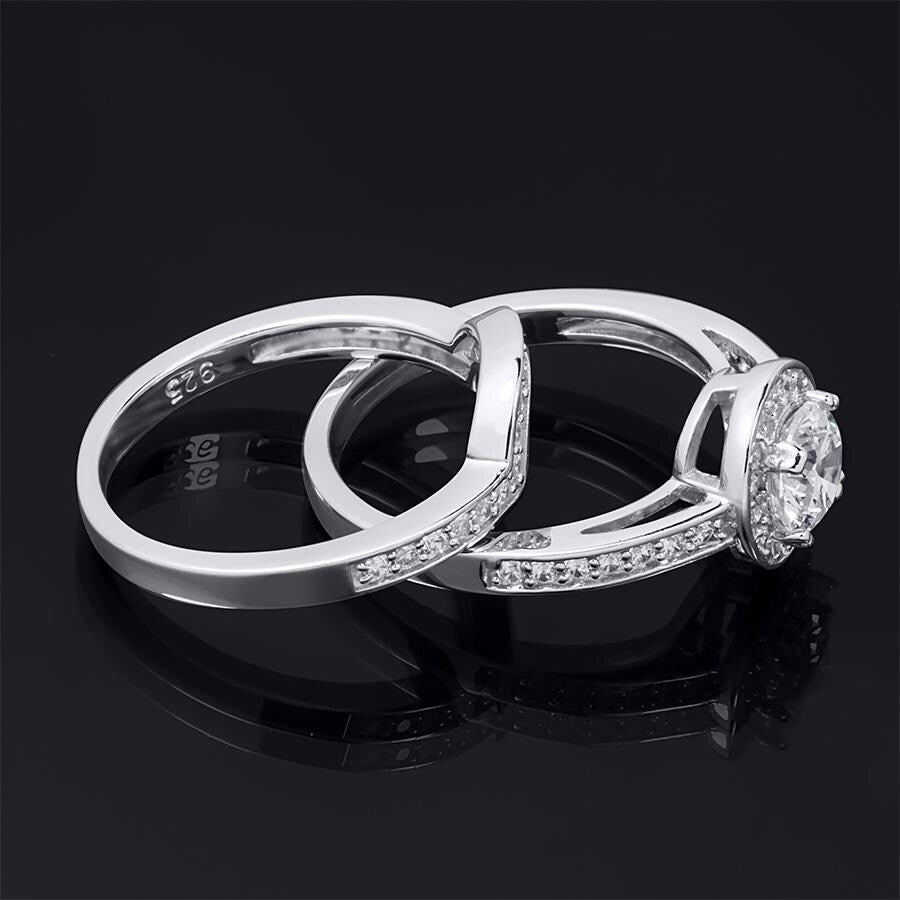 Womens 1.0 Ct Wedding Band Engagement Ring Set Round Cut Solid Silver