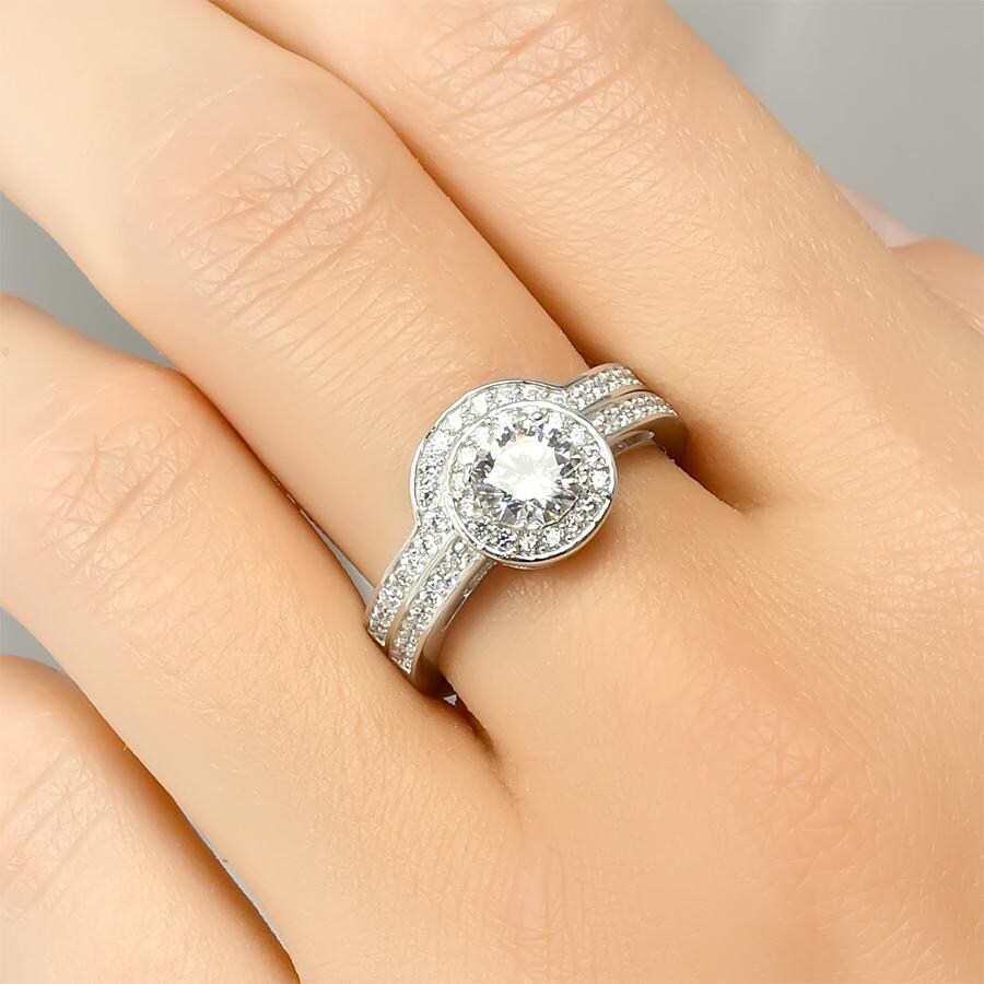 Womens 1.0 Ct Wedding Band Engagement Ring Set Round Cut Solid Silver