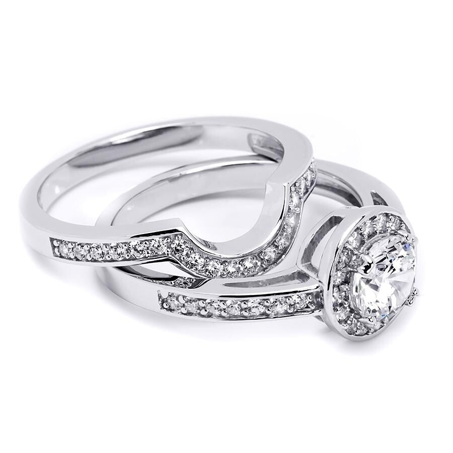 Womens 1.0 Ct Wedding Band Engagement Ring Set Round Cut Solid Silver