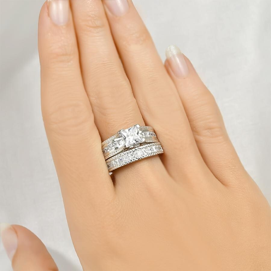 Womens 3.25 CT Princess Cut Wedding Band Engagement Ring Set Silver