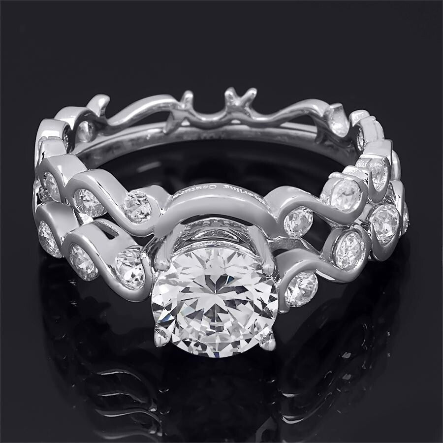 Womens Classic Round Cut 2.8 CT Bridal Ring Set Sterling Silver