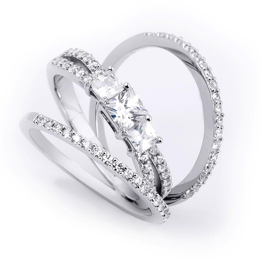 Womens Genuine 1.00 Carat Wedding Band Engagement Ring Set Silver