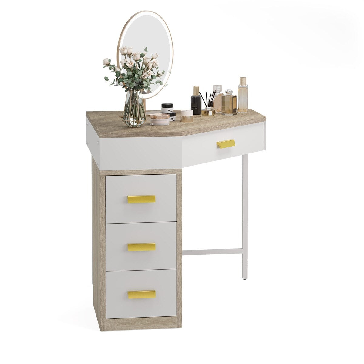 Wood/ Metal Corner Vanity Desk Small Dressing Table with 4 Drawers - N/A