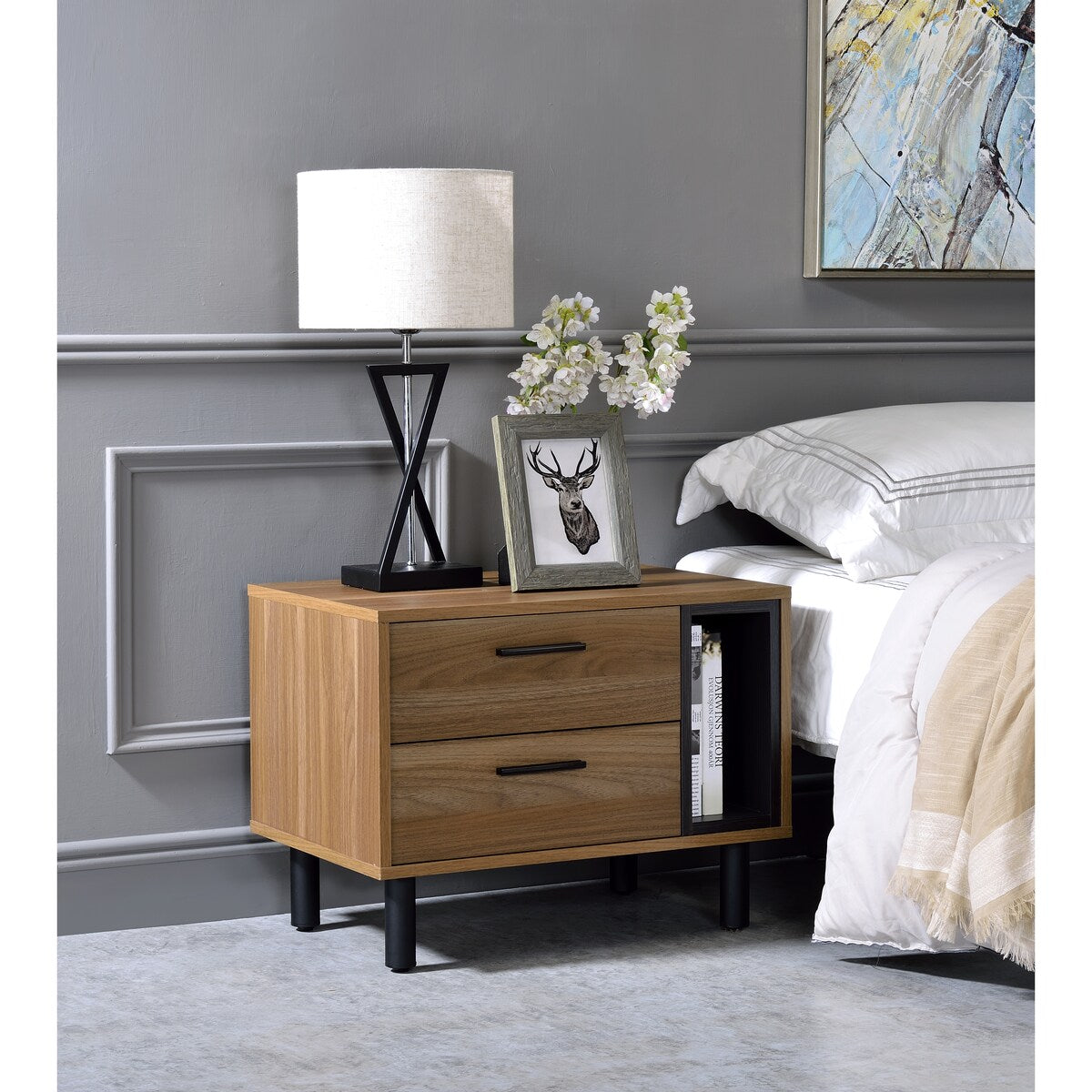Wood 2 Drawer Nightstand Industrial Storage Cabinet Dresser with 1 Open Compartment and Metal Handle for Bedroom, Brown