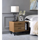 Wood 2 Drawer Nightstand Industrial Storage Cabinet Dresser with 1 Open Compartment and Metal Handle for Bedroom, Brown