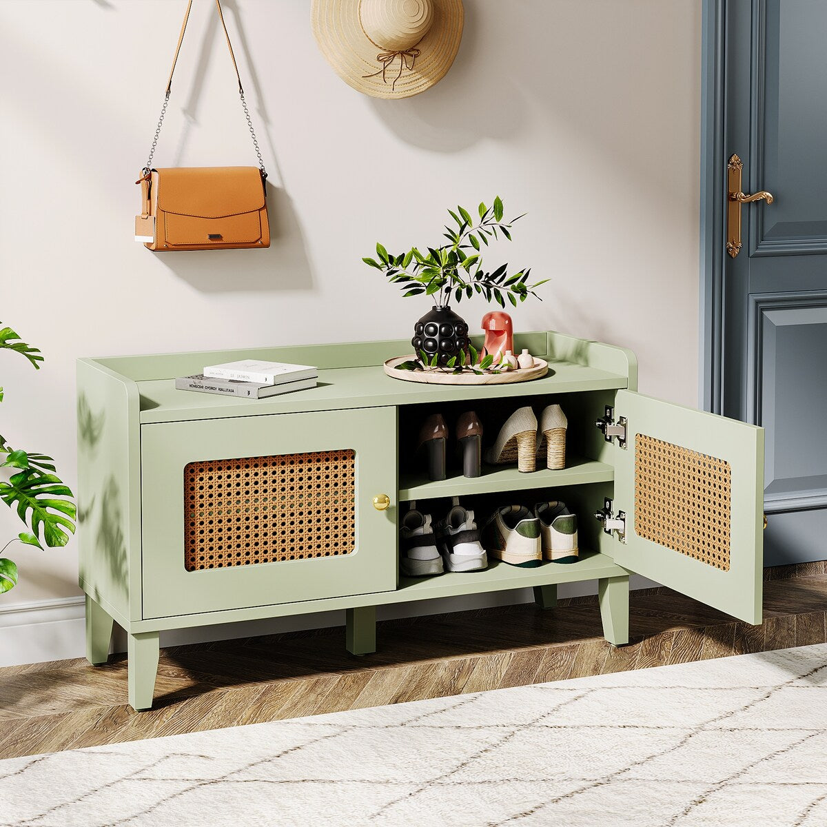 Wood 2-Tier Entryway Shoe Cabinet Bench with Doors for Living Room