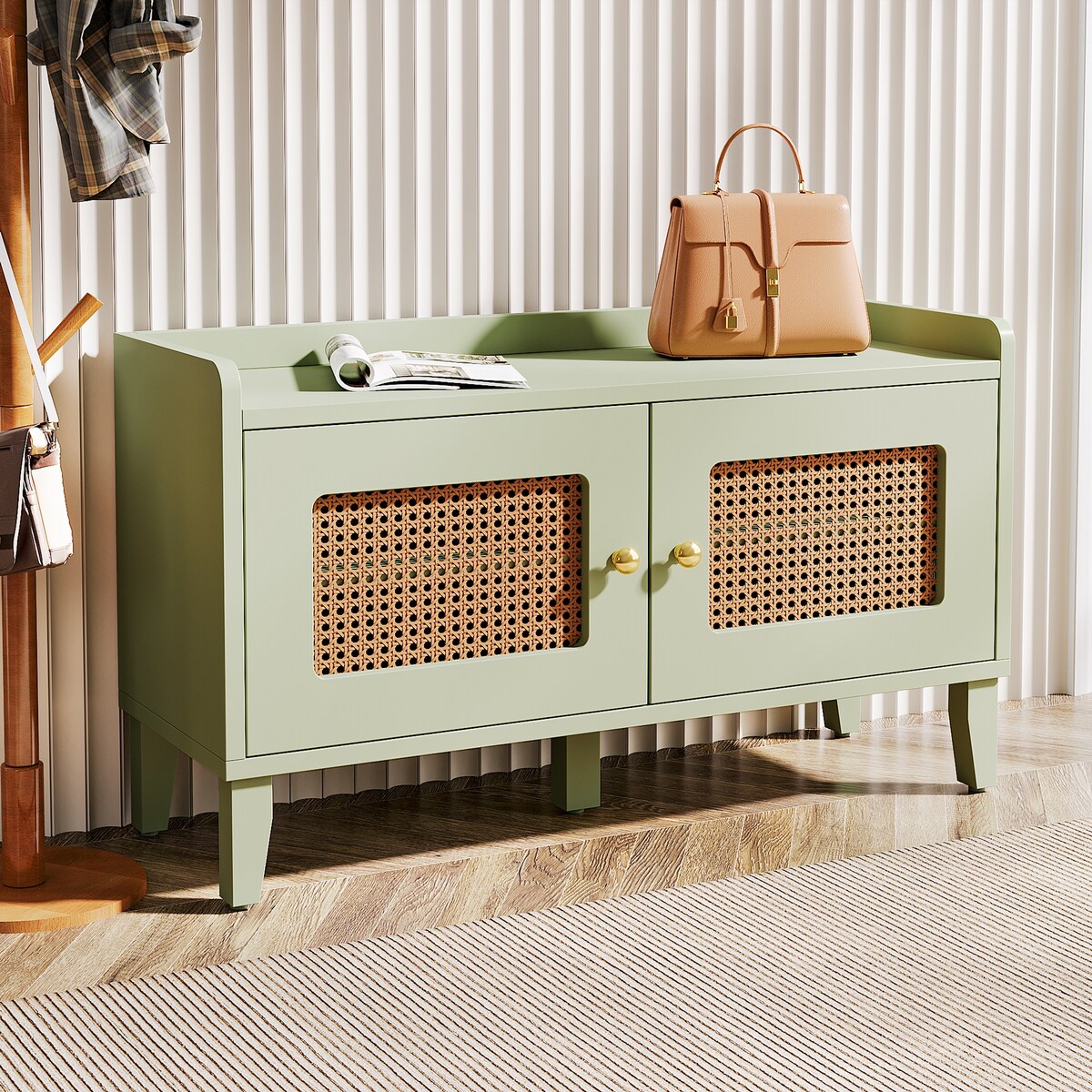 Wood 2-Tier Entryway Shoe Cabinet Bench with Doors for Living Room
