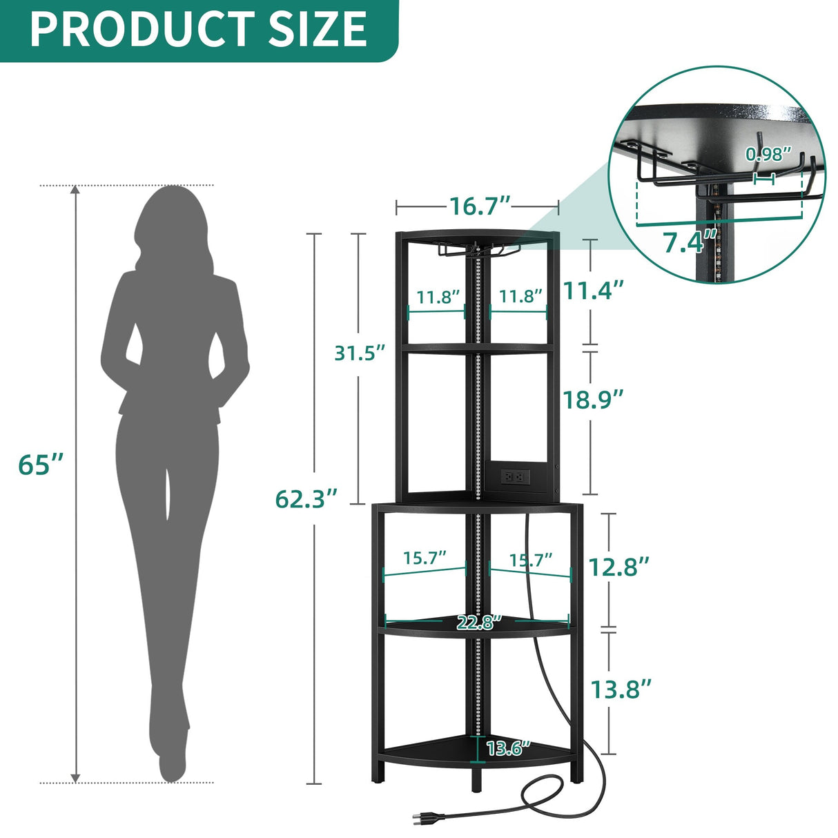 Wood 5 Tier Corner Bar Rack Shelf with Power Outlets LED Lights Glass Holder Black