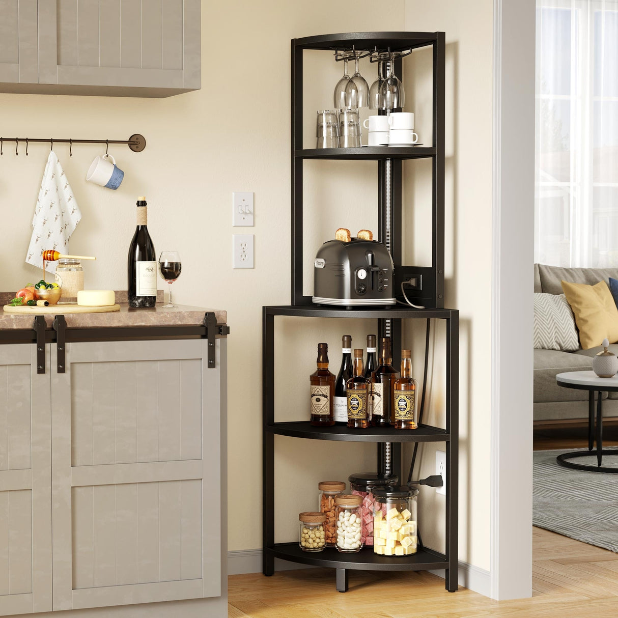 Wood 5 Tier Corner Bar Rack Shelf with Power Outlets LED Lights Glass Holder Black