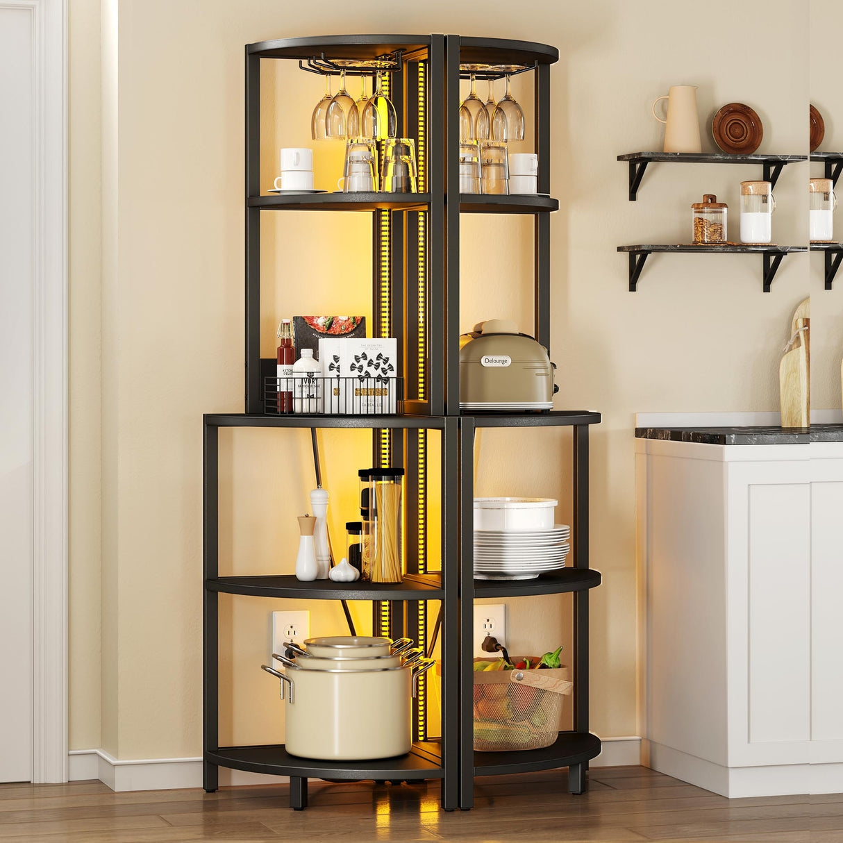 Wood 5 Tier Corner Bar Rack Shelf with Power Outlets LED Lights Glass Holder Black