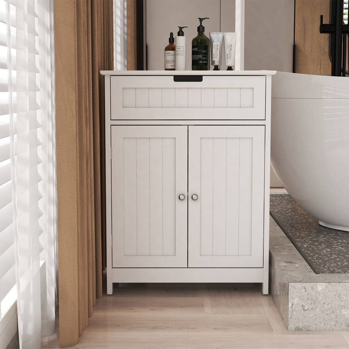 Wood Bathroom Storage Organizer Floor Cabinet with 2 Doors and Drawer